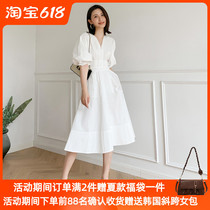White Blister Sleeves Dress Woman 2022 Summer new French style High sense cashew slim mid-length princess dress