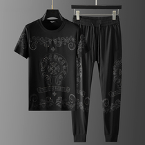 Ice silk high-end casual suit mens summer thin breathable Tide brand fashion jacquard mens short sleeve t-shirt two-piece set