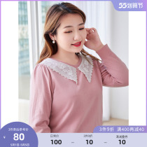 (Qingkura RMB100 ) Large code Female dress 2022 Spring Fat mm bronzed and drilled lace turned collar imitation rabbit suede sweaters