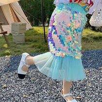 Girl Pink Blue Mermaid Skirt Bright Slice Shiny Half Body Dress Tail Skirt Buns Hip Skirt T-shirt Two Suits