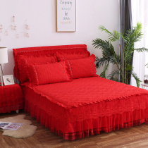Korean version Princess thickened clip cotton side lace silk bed dress big red wedding qing single bed cover non-slip bed cover three sets