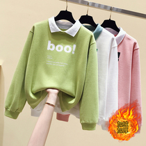 2020 new autumn and winter Korean version of loose foreign fashion fashion Joker plus velvet padded doll collar sweater women long sleeve