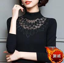  (Single plus velvet)French retro outside wear base shirt Large size womens long-sleeved high-neck elastic warm upper