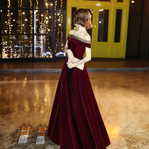 Bride toast 2021 New banquet red velvet shoulder wedding evening dress female temperament French winter