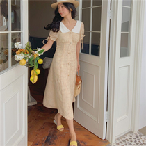 From a baby collar dress tweed retro square collar dress check skirt Hepburn dress female summer long