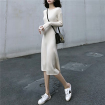 Knitted dress womens 2020 autumn new temperament waist mid-length sweater dress autumn and winter knee-length skirt