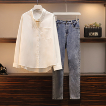  Big woman high-end large size womens clothing early autumn 2020 new fat mm western style thin shirt jeans two-piece suit