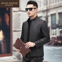 ROADMAKER 2020 NEW LEATHER MENs LEATHER FIRST LAYER COWHIDE JACKET STAND COLLAR SLIM YOUTH CASUAL LEATHER