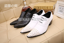 Korean version Trend Inren Pointed Lace Rivets Genuine Leather Shoes Hair Stylist Walking Show Nightclub Mens Shoes Hair Stylist Casual Shoes