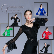 Modern dance suit top New national standard dance suit Ballroom dance practice dance square dance V-neck horn long-sleeved dance suit