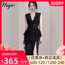 hego waist lace skirt 2021 new summer v-neck temperament French thin skirt black split dress