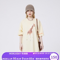 INSNLASIA×TOF joint giraffe print short-sleeved tide brand mens and womens cartoon animal retro T-shirt