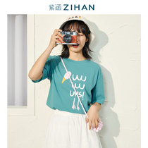 Purple Culvert Summer Dress New loose straight version printed short sleeves T-shirt Jacket Tide Fashion 100 Lap Casual and Compassionate Fresh