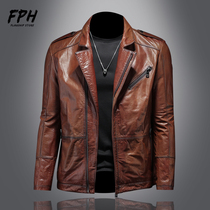 Spring and autumn Haining oil waxed head layer cow leather suit collar genuine leather leather clothing male and Korean version of body leather jacket locomotive clothes jacket