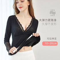 Warm underwear female blouses low collar plus suede thickened body beauty body beating bottom winter long sleeve lace meat color single piece autumn clothes