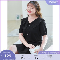 MSShe big code womens dress 2022 new summer dress Fat mm Slim Dolls Collar Short Sleeves Double Curly-knitted cardiovert blouse