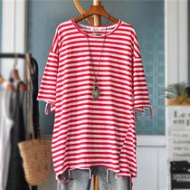 Loose large size tassel long bamboo cotton striped short sleeve t-shirt womens summer hole top sleeve fat MM tide t