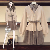 Plus Size Dress Set 2021 new womens slightly fat sister slim covering meat sweater cardigan two-piece set