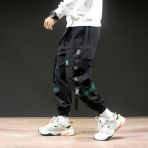 Autumn new personality ribbon leisure Japanese Tide brand overalls pants multi-pocket sports tie pants Korean trend