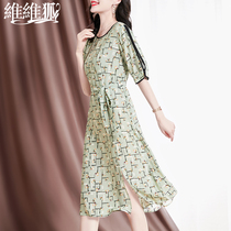 High-end printed true silk one-piece dress lady 2022 new middle aged mother Summer clothing foreign gas mulberry silk short sleeve dress