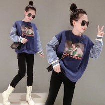 European station women loose spring and autumn 2021 New Korean printing pullover round neck suede stitching long sleeve top