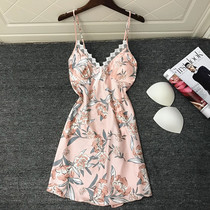 Japan Harness Sleeping Dress Feminine Sensation With Chest Cushion Home For Summer Ice Silk Dew Dorsal Lace Hollowed-out Pyjamas
