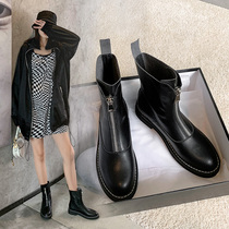 Net Red Inverted Boots Woman 2020 Autumn Winter New Flat Bottom Plus Suede Short Boots Slim Slim Boots Front Zipped Female Short Drum Cotton Boots 100 lap