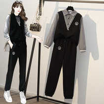 Big woman high-end large size womens clothing 2020 early autumn new fat mm thin top meat pants two-piece suit