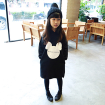 Girls sweater 2022 spring and autumn new middle and big childrens foreign style mid-length plus velvet thickened pullover hooded warm top