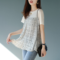 Baoshi Li round neck printed pleated stitching short sleeve T-shirt female 2021 Autumn New loose Korean version of temperament top