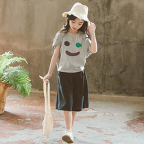 Childrens clothing 2021 summer girls suit cotton short sleeve t-shirt five-point pants loose wide leg pants two-piece set