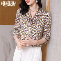 Butterfly knot with real silk shirt female long sleeves 2022 Early spring new elastic satin printed mulberry silk blouse