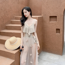 One-piece swimsuit women show thin belly ins wind fairy fan conservative student long dress ruffle sexy 2021 new