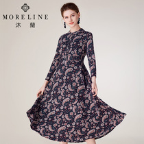 Mulan Paisley printed one-piece dress autumn winter French style mid-length woman long sleeve overknee knit large swing A word skirt