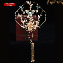 Cute Bride Gold Bright Sheet Handmade Pearl Hollowed-out Fan Vintage Bridal Bridal Crested With Florist Accessories