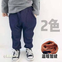 Autumn and winter new small and medium-sized boys and girls imitation denim leisure sports elastic hot pants soft warm plus Velvet