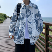 Bear print shirt mens long sleeves Spring and Autumn Tide brand loose shirt Hong Kong style 2021 New Ruffian casual jacket