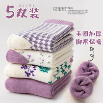 Warm terry thickened purple socks womens middle tube socks autumn and winter pure cotton bottom plus velvet Japanese cute towel stockings