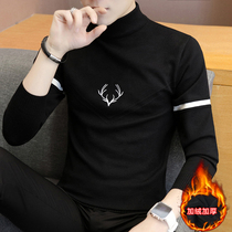 Autumn and winter semi-turtleneck sweater mens velvet thickened slim student middle collar knitted base shirt mens trend line clothing