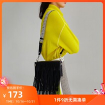 LILY winter new womens black long tassel detachable shoulder strap commuter shoulder bag 119420BZ440