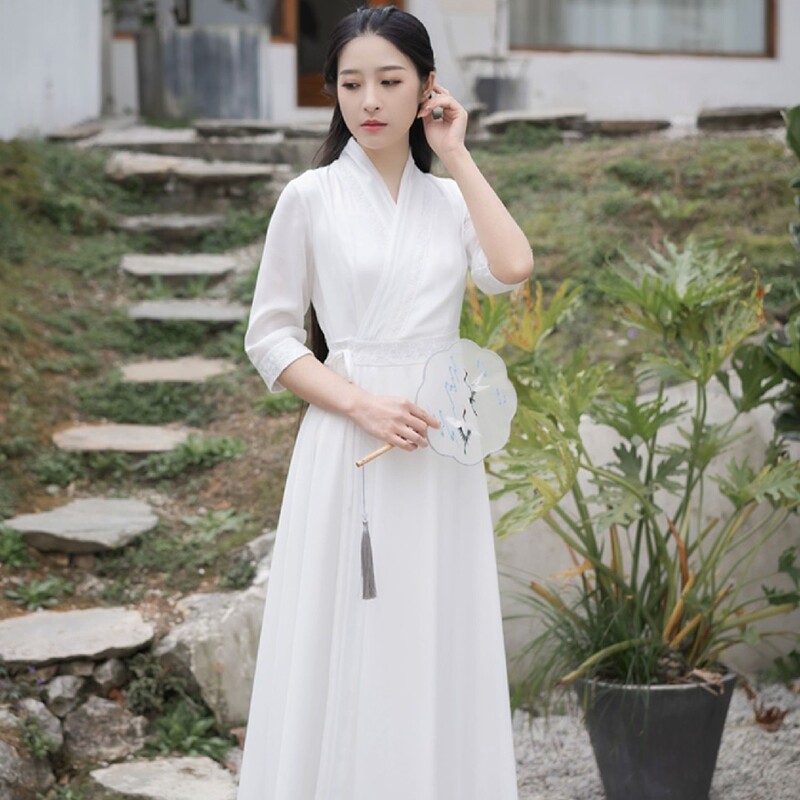 Dress for Women, Modernized Hanfu, Chinese Style, Cross-Collar, Fairy-Like Workwear, Tea Dress, Slim-Fitting, Waist-Cinching, White Chiffon Dress for Summer