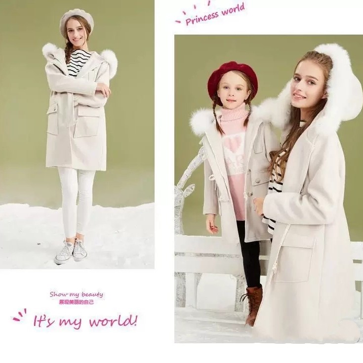 Deesha autumn and winter girl big boy girl baby temperament fur collar mid-length woolen coat parent-child coat