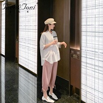 Men & Joni montomi maternity dress Spring Summer chiffon shirt top ankle-length pants tide mom foreign air two-piece set