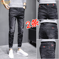 Black 2021 new jeans mens Tide brand slim feet spring long pants casual spring and autumn thin models