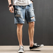 Summer hole denim shorts mens fat plus size loose casual five-point pants thin trend fat middle pants