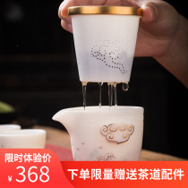  White porcelain sheep fat jade porcelain travel tea set one pot two cups ceramic gold drawing quick cup portable bag high-end Kung Fu tea set