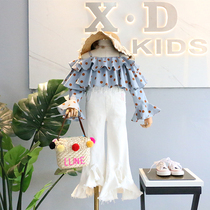 Brand childrens clothing 2019 spring clothes new girls foreign style retro style color wave point strapless lotus leaf rolling edge doll shirt