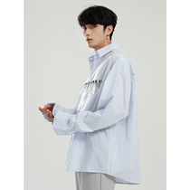 Dosho mens Korean retro design sense Wild loose small fresh letter striped casual shirt