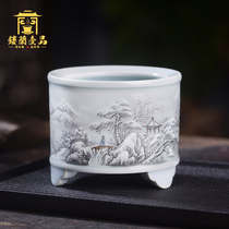 Jingdezhen ceramics Full hand-painted ink color snow plum incense burner Household agarwood incense indoor sandalwood plate tea ceremony furnace