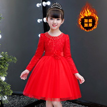 Girl dress spring and autumn 2021 New style little girl childrens New Year red princess dress puffy gauze plus Velvet